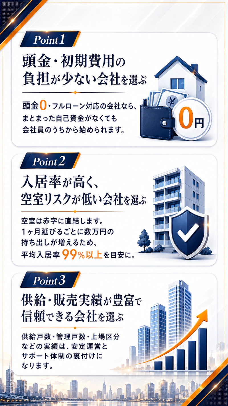 Point1 頭金・初期費用の負担が少ない会社を選ぶ
Point2 入居率が高く空室リスクが低い会社を選ぶ
Point3 供給・販売実績が豊富で信頼できる会社を選ぶ
