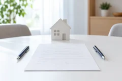 白いデスクの上に2本のボールペンが並び、その間に契約書が1部、奥に小さな白い家の模型が置かれた写真