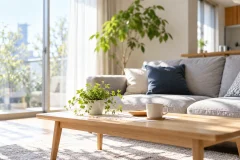 明るいリビングの窓辺にソファと観葉植物があり、やわらかい朝の光が差し込む室内の写真