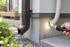 住宅の外壁の基礎まわりと雨どいの根元、壁を貫通する配管のまわりのわずかなすき間を懐中電灯で照らして点検している外観写真