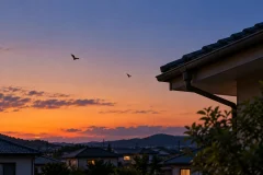 夕暮れの住宅街の空を小さなアブラコウモリが2〜3匹飛んでいる遠景