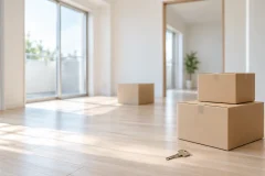 家具を運び出したあとのがらんとした明るい部屋で、フローリングの上に段ボール箱が2〜3個と家の鍵がひとつ置かれた、新しい生活へ移る前の静かで前向きな雰囲気の写真