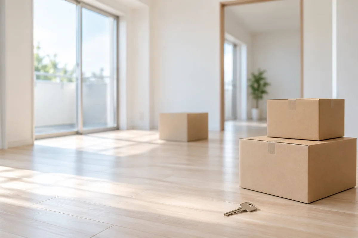 家具を運び出したあとのがらんとした明るい部屋で、フローリングの上に段ボール箱が2〜3個と家の鍵がひとつ置かれた、新しい生活へ移る前の静かで前向きな雰囲気の写真