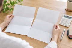 木目のテーブルの上で、2つ折りの契約書と見積書を手元が指でなぞって確かめている写真